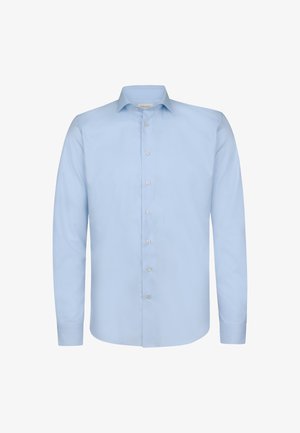 Lichtblauwe langemouw overhemd met een recht kraag, met een gladde textuur en zes witte knopen aan de voorkant.