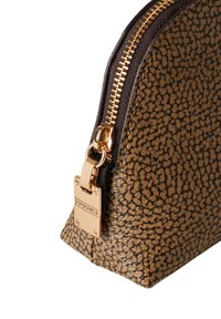 Brown textured leather bag with a gold zipper and hardware, featuring a rounded shape and distinctive pebble pattern on the surface.