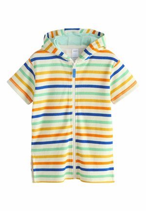 Krótki rękaw bluzy dla niemowląt z kapturem i suwakiem, z poziomymi paskami w kolorach niebieskim, zielonym, żółtym i pomarańczowym na kremowym tle.
