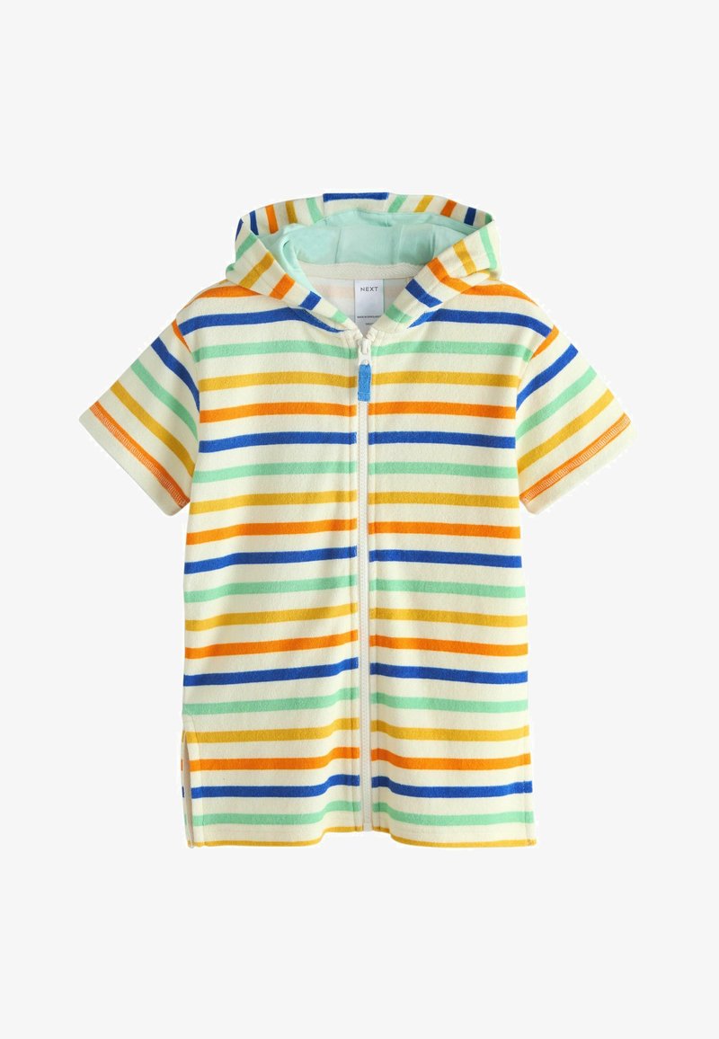 Veste bébé à capuche zippée à manches courtes avec des rayures horizontales en bleu, vert, jaune et orange sur fond crème.