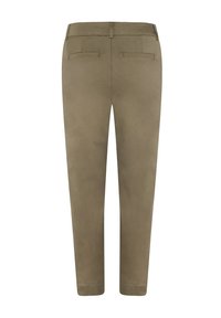 Taupe bukser med slim fit, der har en glat tekstur, to baglommer og et tapered ben design. Ingen synlig hardware eller mønstre.