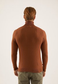 Homme aux cheveux bruns courts portant un pull à col roulé en laine torsadée marron et un pantalon vert olive, vu de dos sur un fond uni.