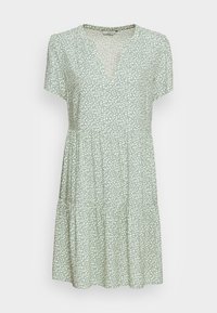 Vestido corto verde de manga corta con escote en V, decorado con pequeñas hojas blancas, que presenta un corsé ajustado y una falda acampanada.