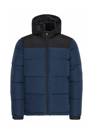 Giacca puffer blu navy con un pannello nero alle spalle, dotata di cappuccio, zip frontale e polsini elasticizzati. Texture liscia con motivo trapuntato.