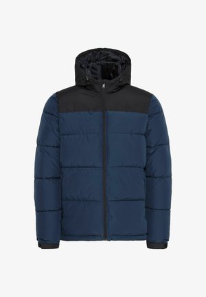 Giacca puffer blu navy con un pannello nero alle spalle, dotata di cappuccio, zip frontale e polsini elasticizzati. Texture liscia con motivo trapuntato.