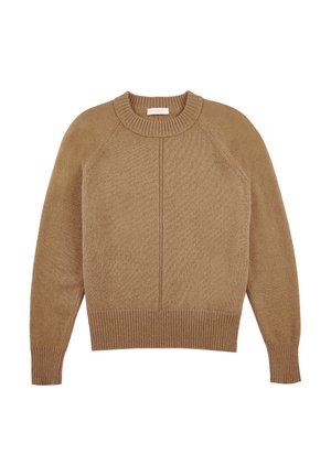 Maglione lavorato a maglia beige con scollatura rotonda, polsini e orlo a coste, caratterizzato da un motivo testurizzato e maniche raglan.