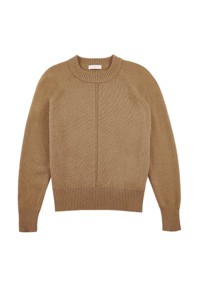 Maglione lavorato a maglia beige con scollatura rotonda, polsini e orlo a coste, caratterizzato da un motivo testurizzato e maniche raglan.