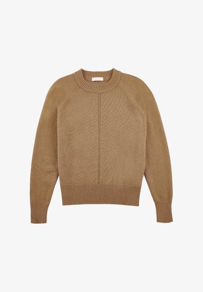 Pull en maille beige avec un col rond, des bords-côtes aux poignets et à l'ourlet, présentant un motif texturé et des manches raglan.