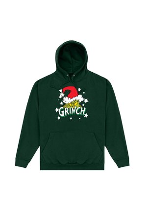 Zielona bluza z kapturem z grafiką Grincha w czerwonym kapeluszu Mikołaja. Napis "GRINCH" w kolorze zielonym, otoczony białymi gwiazdkami. Przednia kieszeń kangurka.