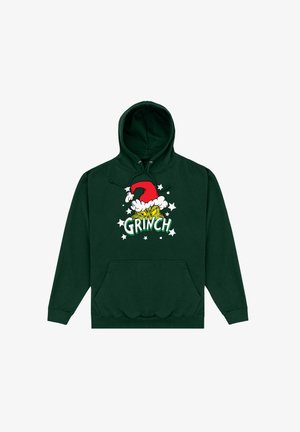 Zielona bluza z kapturem z grafiką Grincha w czerwonym kapeluszu Mikołaja. Napis "GRINCH" w kolorze zielonym, otoczony białymi gwiazdkami. Przednia kieszeń kangurka.