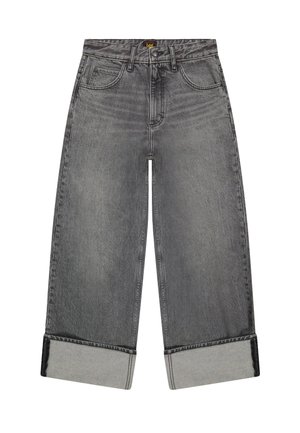 Jeans grigi a gamba larga con orli risvoltati, tasche anteriori e posteriori, passanti per cintura e chiusura con bottone in vita.