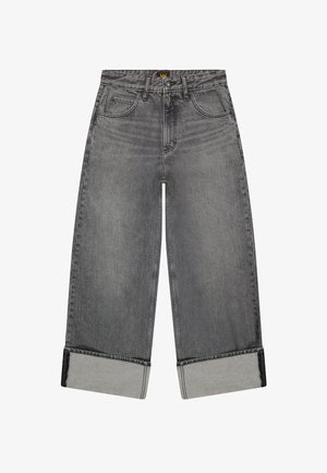 Hallid laia lõikega teksapüksid, millel on kantud sääremaised ääred, ees- ja tagataskud, vööaasad ning vöökoha ees nööp