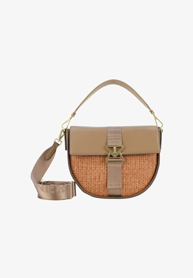 Borsa in pelle color tan con base rotonda in rattan intrecciato, dotata di una chiusura in metallo dorato e di una tracolla staccabile abbinata con logo.