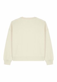 Kremo spalvos džemperis su apvalia iškirpte, nuleistomis pečių siūlėmis, ribinėmis rankogaliais ir apačia. Lygi tekstūra, laisvas siluetas ir minimalus dizainas.