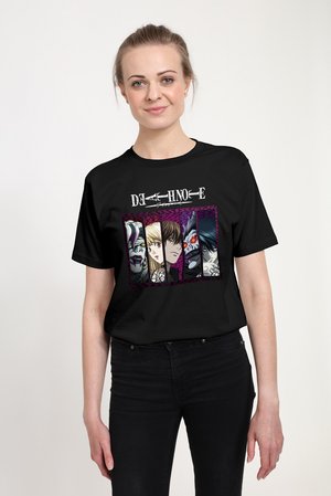 Black short-sleeve t-shirt featuring a colorful graphic of characters from "Death Note" on the front, set against a purple background.