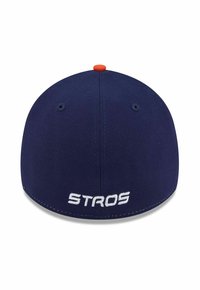Casquette ajustée bleu marine avec un bouton supérieur orange et une broderie blanche "STROS" au centre à l'arrière.