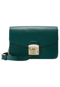 Tyrkysová kožená crossbody taška s klopou, zlatou kováním a odnímatelným řetízkem. Hladký povrch s jemnou texturou.