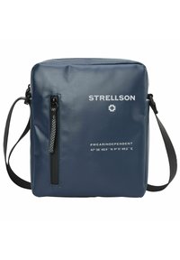 Borsa a tracolla blu navy realizzata in materiale resistente, con tasca frontale con zip, testo stampato e tracolla nera regolabile.