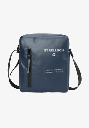 Borsa a tracolla blu navy realizzata in materiale resistente, con tasca frontale con zip, testo stampato e tracolla nera regolabile.