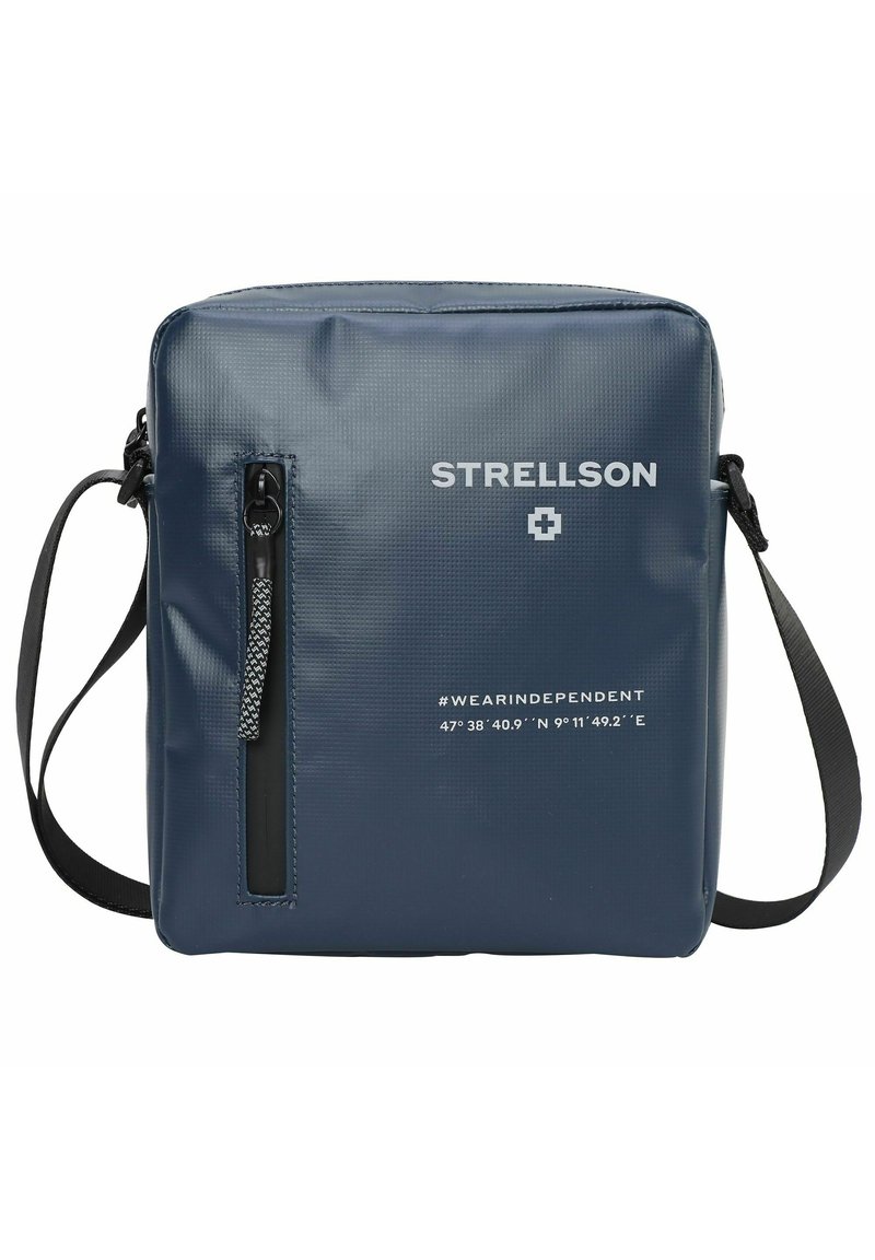 Borsa a tracolla blu navy realizzata in materiale resistente, con tasca frontale con zip, testo stampato e tracolla nera regolabile.