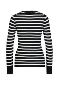 Gestreifter schwarz-weißer Langarm-Pullover mit Rippenstruktur und rundem Halsausschnitt, der abwechselnd breite und schmale Streifen aufweist.