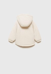 Krämfärgad pufferjacka med huva, med elastiska ärmslut och en slät, quiltad textur, visad från baksidan.