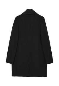 Manteau noir long avec un col, des manches longues et une vue de dos droite, sur un fond blanc uni.