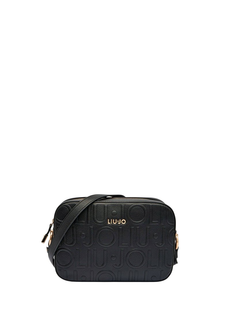 Černá crossbody taška LIU JO vyrobená z texturovaného materiálu, s embosovaným logem, zlatým kováním a zipovým uzávěrem. Součástí je nastavitelný popruh.