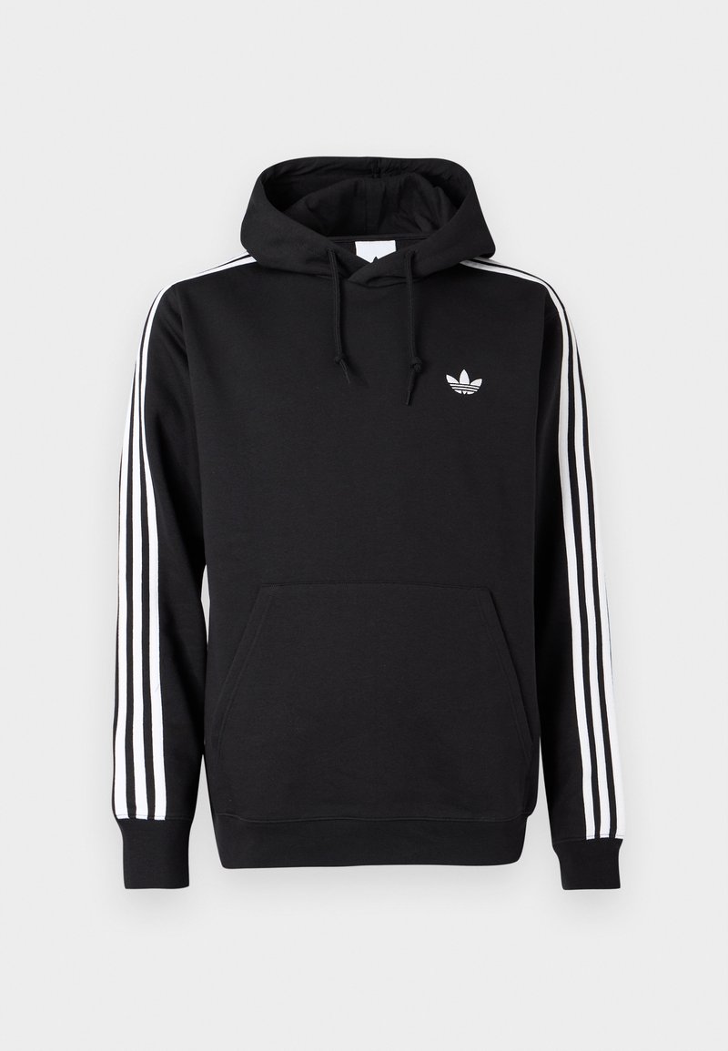 Felpa con cappuccio nera Adidas con maniche a tre strisce bianche, tasca frontale, cappuccio con coulisse e piccolo logo trifoglio bianco sul petto.