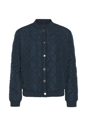 Veste bomber matelassée bleu marine avec fermeture à boutons-pression à l'avant, poignets, col et ourlet côtelés. Couture à motif losange sur toute la surface.