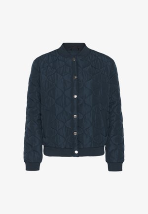 Mornarsko plava prošivena bomber jakna s prednjim kopčanjem na drukere, rebrastim manšetama, ovratnikom i rubom. Cjelokupni uzorak prošivanja u obliku dijamanta.
