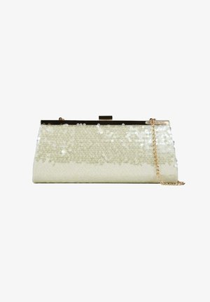 Pochette con paillettes bianche scintillanti, montatura in metallo color oro e tracolla a catena appoggiata di lato, su sfondo bianco.