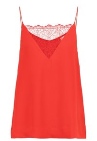 Rode cami-top met dunne bandschoudertjes, met een V-vormige halslijn en kantdetails bij de buste. Lichtgewicht, gladde stof.