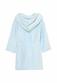 Ljusblå huva kåpa gjord av mjuk, plysch-tyg. Har långa ärmar, ett bälte och en avslappnad passform. Slät textur utan mönster.