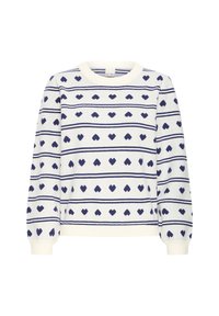 Pull blanc avec des rayures horizontales bleu marine et des motifs de cœurs, col rond et poignets côtelés. Fabriqué en tissu doux et texturé.