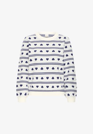 Witte trui met navyblauwe horizontale strepen en hartmotieven, ronde hals en geribbelde boorden. Gemaakt van zachte, gestructureerde stof.
