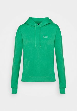 Sweat à capuche vert avec cordons, manches longues et texte blanc "BE YOU FOR YOU" sur le côté gauche de la poitrine, sur un fond uni.