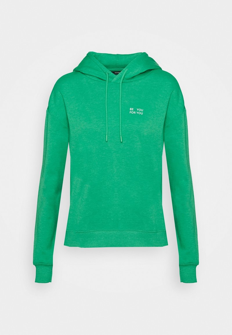 Sweat à capuche vert avec cordons, manches longues et texte blanc "BE YOU FOR YOU" sur le côté gauche de la poitrine, sur un fond uni.