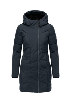 Veste matelassée bleu marine foncé avec un col haut, fermeture éclair avant et poches latérales. Présente une texture matelassée et un design épuré.