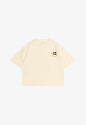 Krèmfarget kort t-shirt lavet af blødt stof med korte ærmer og et trykt grafik med solstråler på venstre bryst.