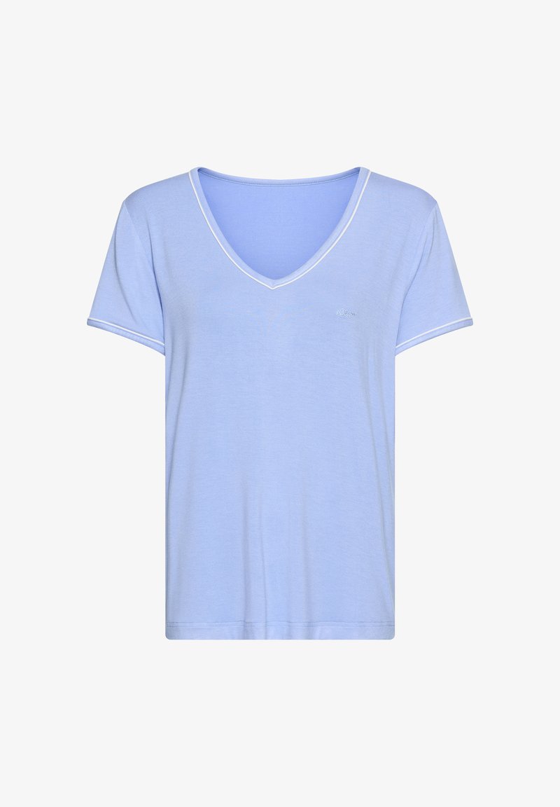 Svetlomodré tričko s krátkym rukávom a výstrihom do V, s bielym lemovaním na golieri a okrajoch rukávov, vyrobené z jemnej, ľahkej látky.