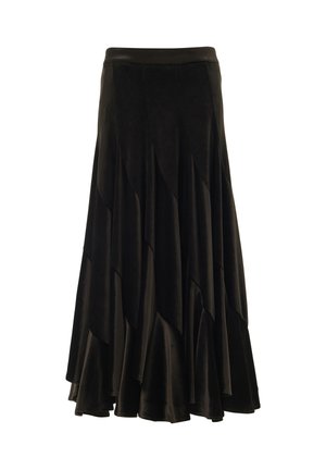 Long black skirt made of soft fabric, featuring a flared design with layered, wavy panels. The waistband is smooth and fitted.