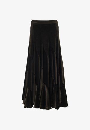 Lange zwarte rok van zachte stof, met een vloeiende ontwerp en gelaagde, golvende panels. De tailleband is glad en aansluitend.
