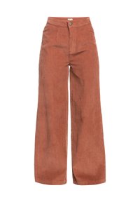 Pantalons larges en velours côtelé couleur rouille avec une taille haute, dotés d'une fermeture à bouton à l'avant et d'une texture à côtes verticales.