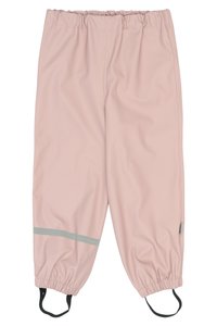 Pantalones impermeables de color rosa claro con cintura elástica, franja reflectante gris y tirantes ajustables negros en los puños.
