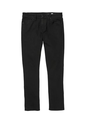 Black denim jeans with a classic straight-leg design, featuring a button closure, five pockets, and subtle stitching details.