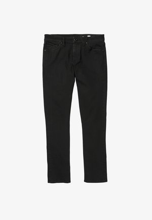 Black denim jeans with a classic straight-leg design, featuring a button closure, five pockets, and subtle stitching details.