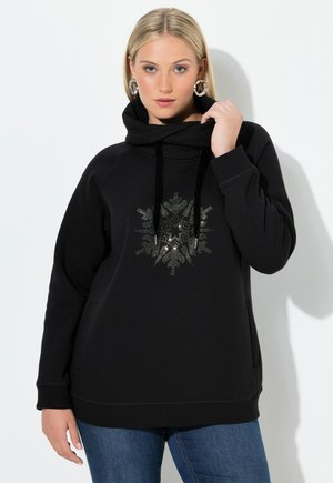Svart sweatshirt med hög krage och dragsko, med en rhinestone snöflingedesign framtill. Mjuk, avslappnad passform med fickor.