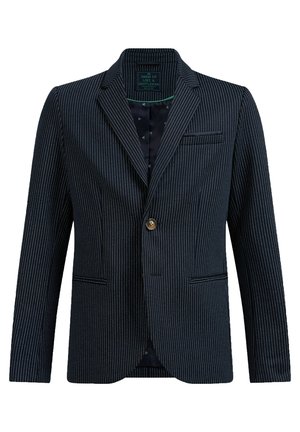 Blazer bleu marine à un bouton avec fines rayures blanches, revers crantés, trois poches devant et une doublure intérieure à motif.
