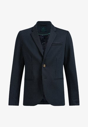 Marineblå blazer med en enkelt knap, tynde hvide nålestriber, hak på reverserne, tre forlommer og et mønstret inderfoer.